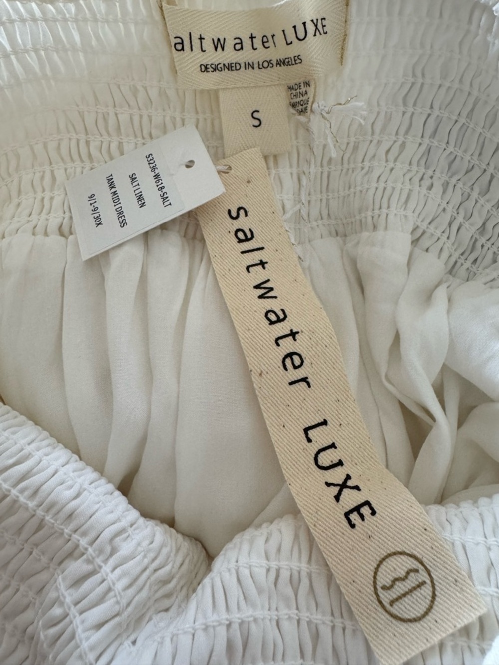 Saltwater Luxe Sorrento Midi Dress Small White Ivory Smocked Tiered Tie Strap - Picture 7 of 8